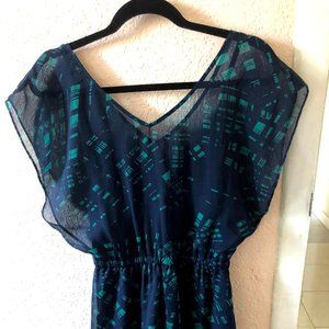 EXPRESS Sz Sm Dress Navy Blue Green Chiffon V Neck